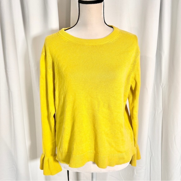 Women's J. Crew Yellow Ruffle Bell Sleeve Crew Neck Pullover Sweater EUC Size S - Picture 2 of 10
